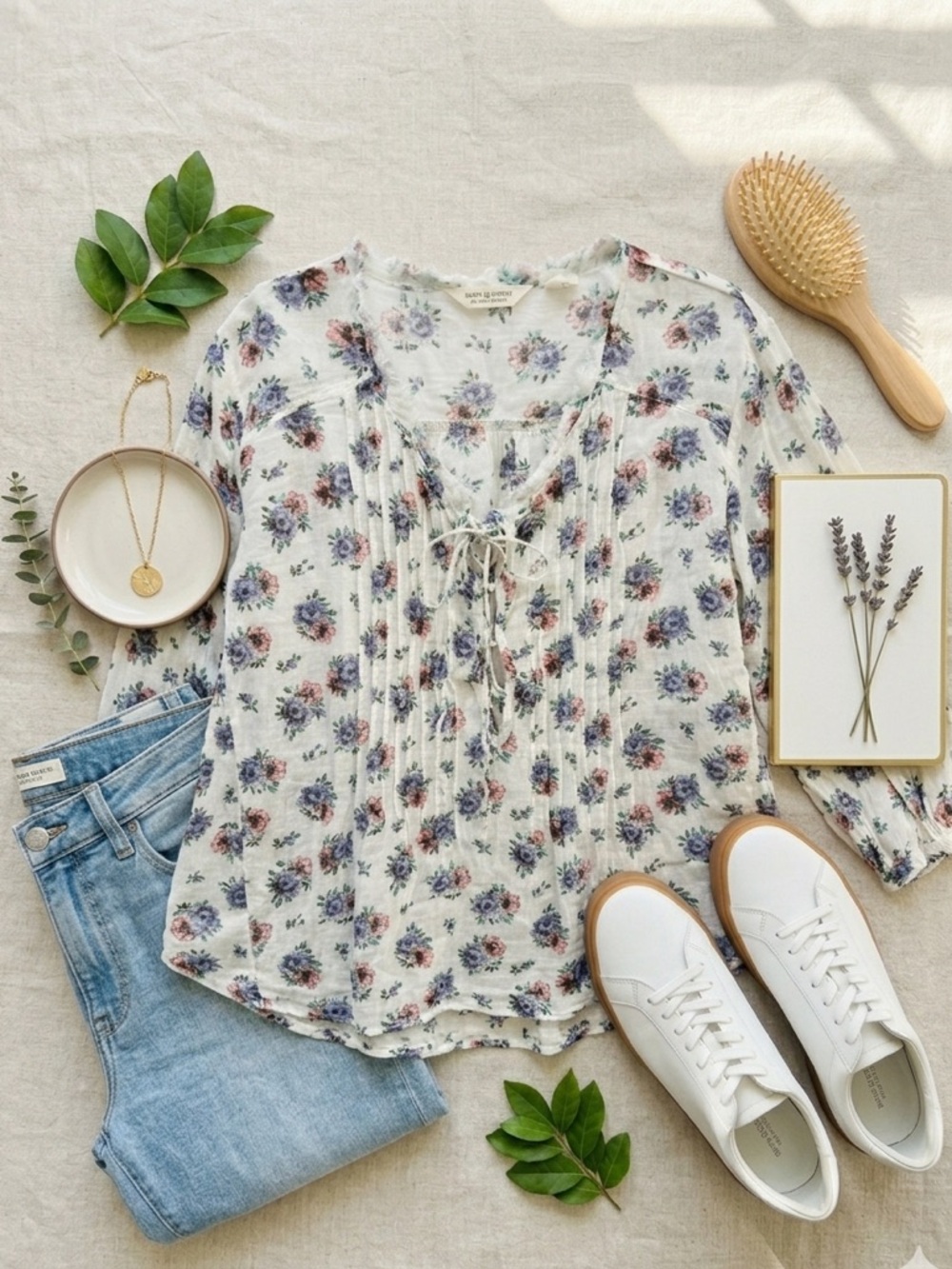 Denim & Supply Ralph Lauren Floral Boho Peasant Gauze Blouse Cotton Lace Up Sz L